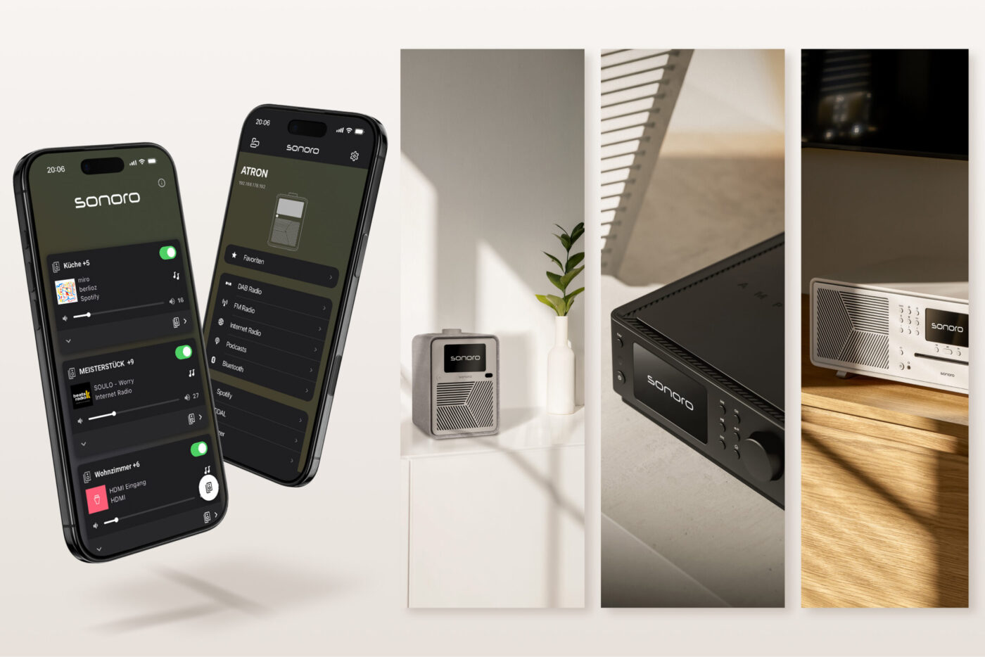 sonoro-App mit Multiroom-Steuerung, ATRON, AMPLIFIER und STREAMER im Überblick