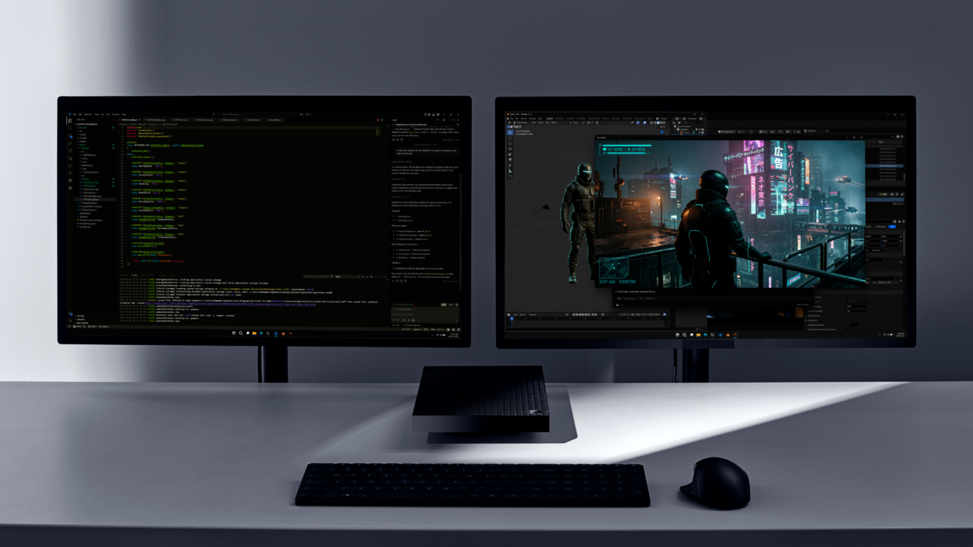 Surface RTX Spark Dev Box mit zwei Monitoren: links Code-Editor, rechts Cyberpunk-3D-Szene