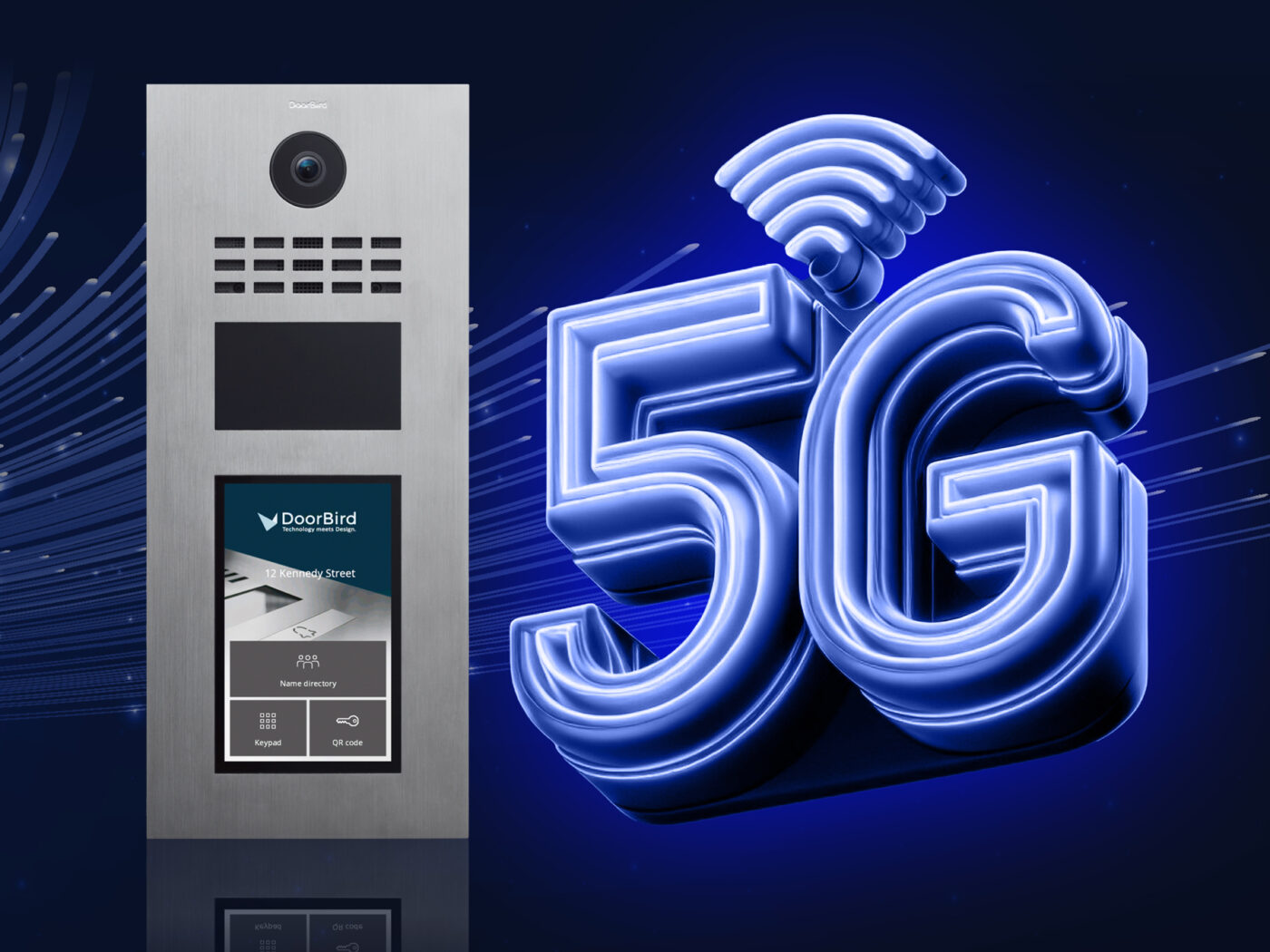 DoorBird D31x Türstation mit Touchscreen neben leuchtendem 5G-Symbol auf dunkelblauem Hintergrund