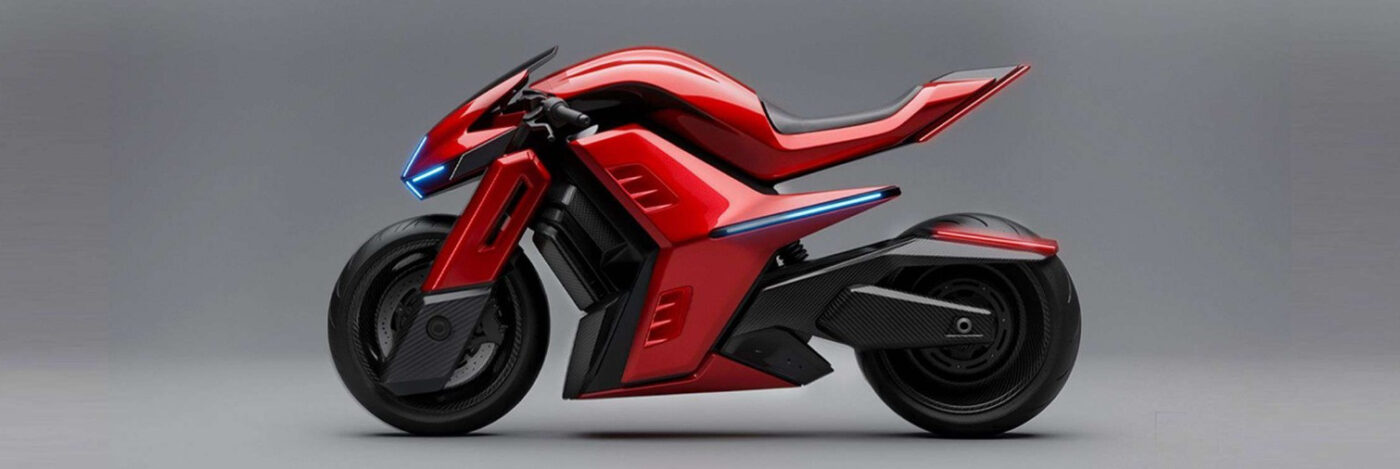 Furion Taran Elektromotorrad mit Allradantrieb in Rot-Schwarz, seitliche Studioansicht