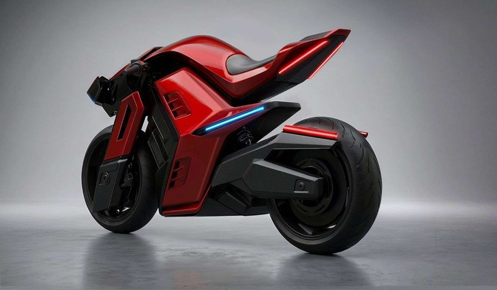 Furion Taran Elektromotorrad in Rot-Schwarz mit blauem LED-Streifen, Studioaufnahme von schräg hinten