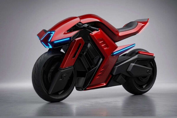 Furion Taran Elektromotorrad mit roter Verkleidung, blauen LED-Streifen und breiten Rädern im Studiofoto