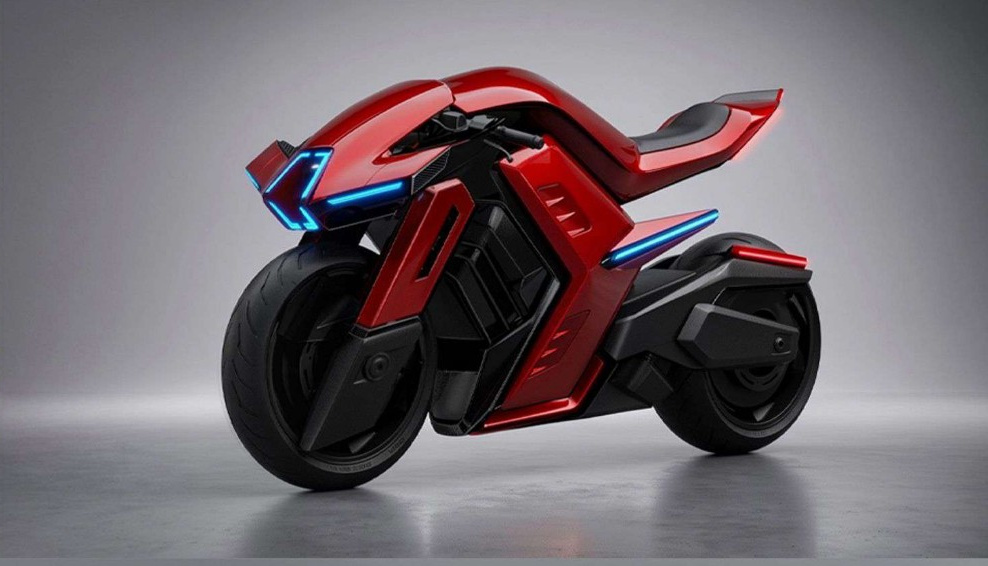 Furion Taran Elektromotorrad mit roter Verkleidung, blauen LED-Streifen und breiten Rädern im Studiofoto