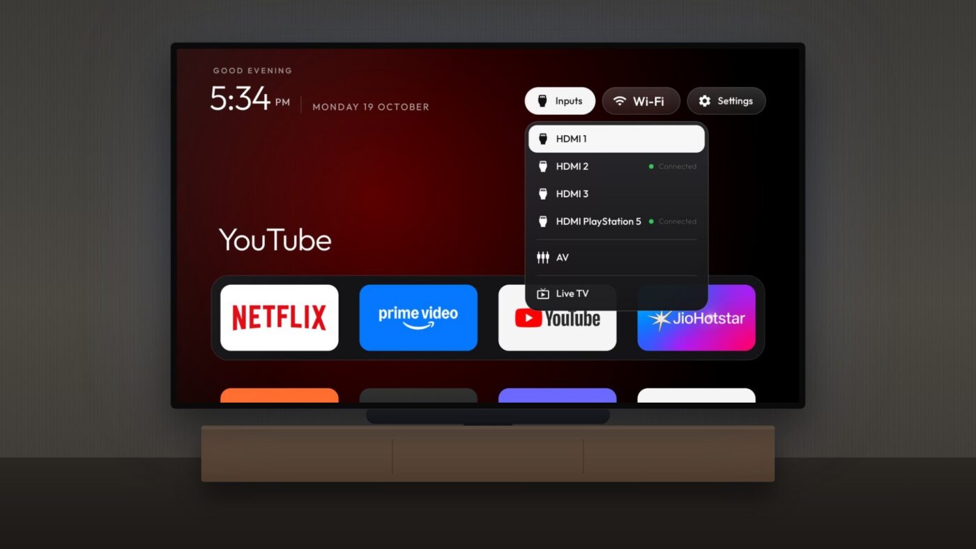 cleanyourtv-Startbildschirm mit geöffnetem Menü der HDMI-Eingänge