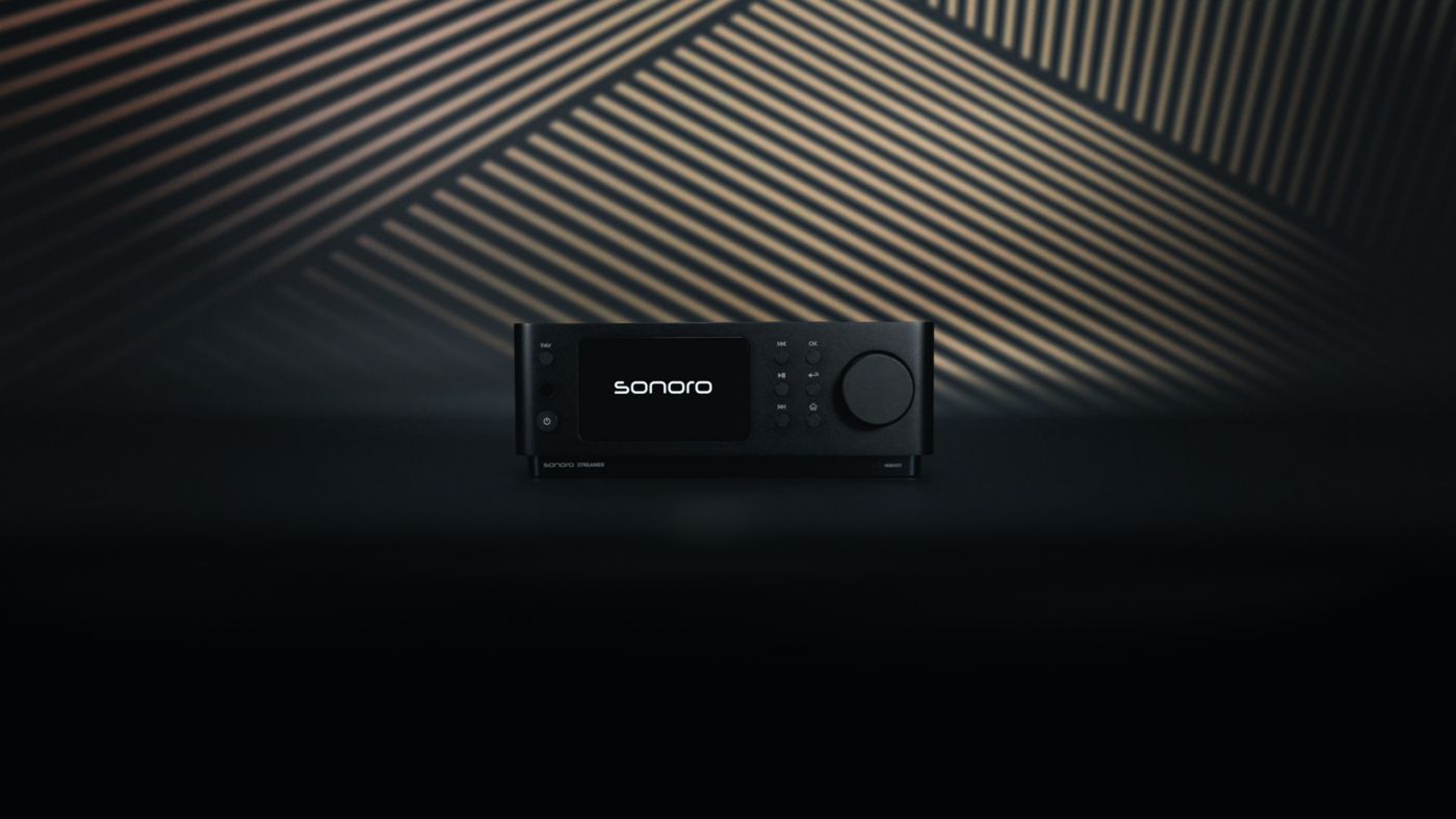 sonoro STREAMER in Schwarz – Frontansicht mit Display und Lautstärkeregler für 19-Zoll-Rack-Multiroom